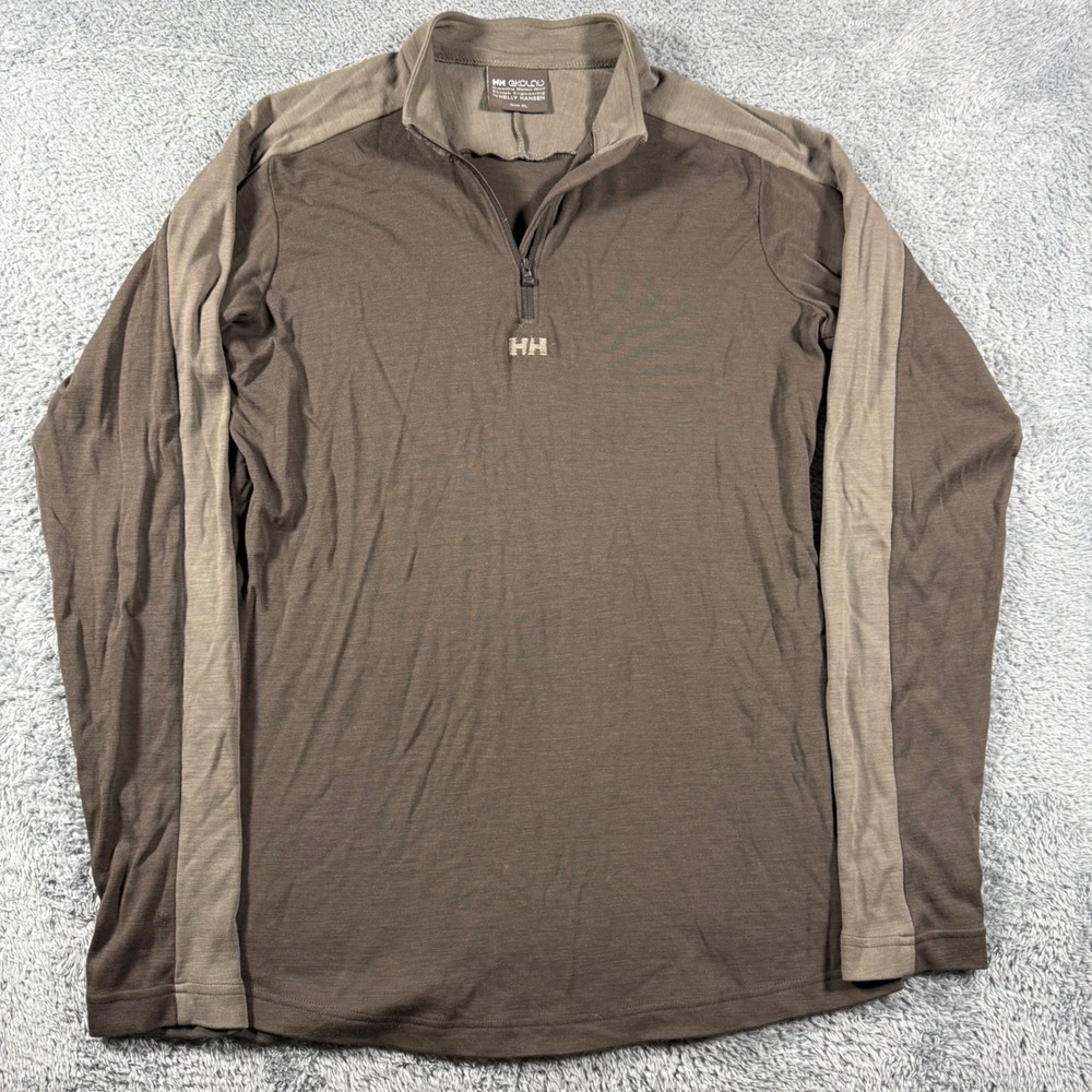 Helly Hansen Pullover Men XL Brown Ekolab Superfine Merino Wool Quarter Zip Base